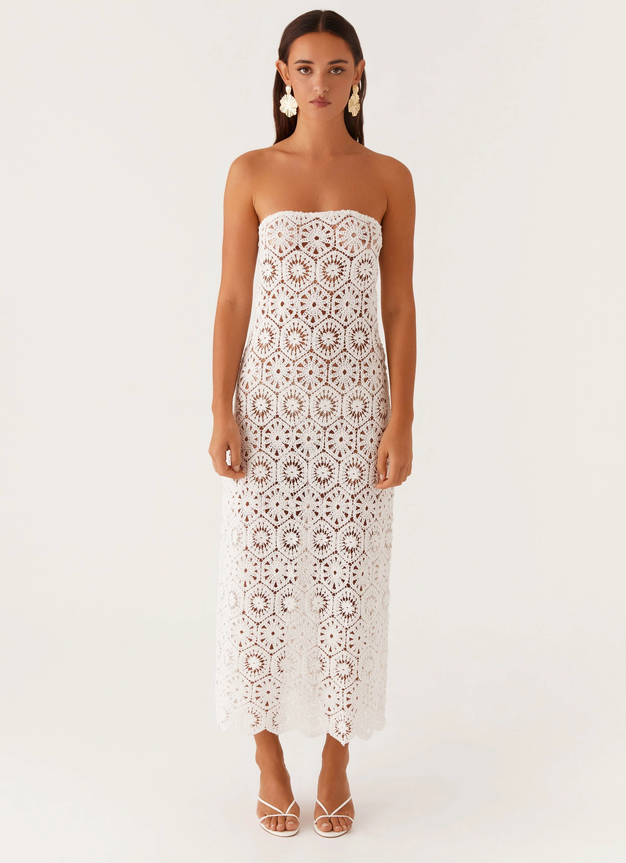 Kingsly Crochet Maxi Dress - White Relaxed Waist Bloom Soft