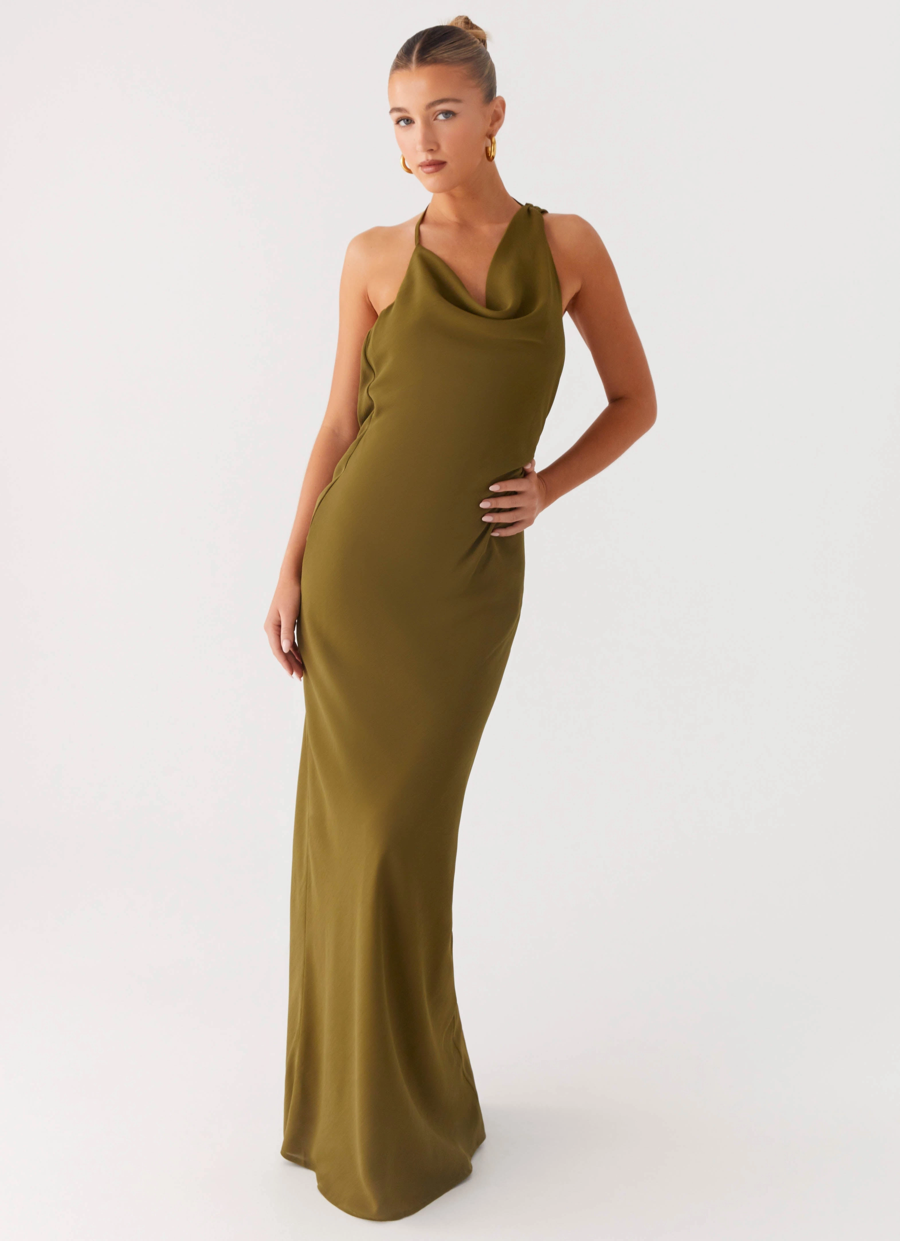 Quilted-Lining Elegant Simplicity Opal Glow Maxi Dress - Khaki