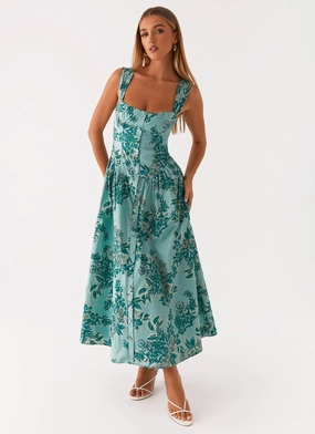 Emmalina Midi Dress - Cloud Nine Floral Minimal Fit Soft Outfit