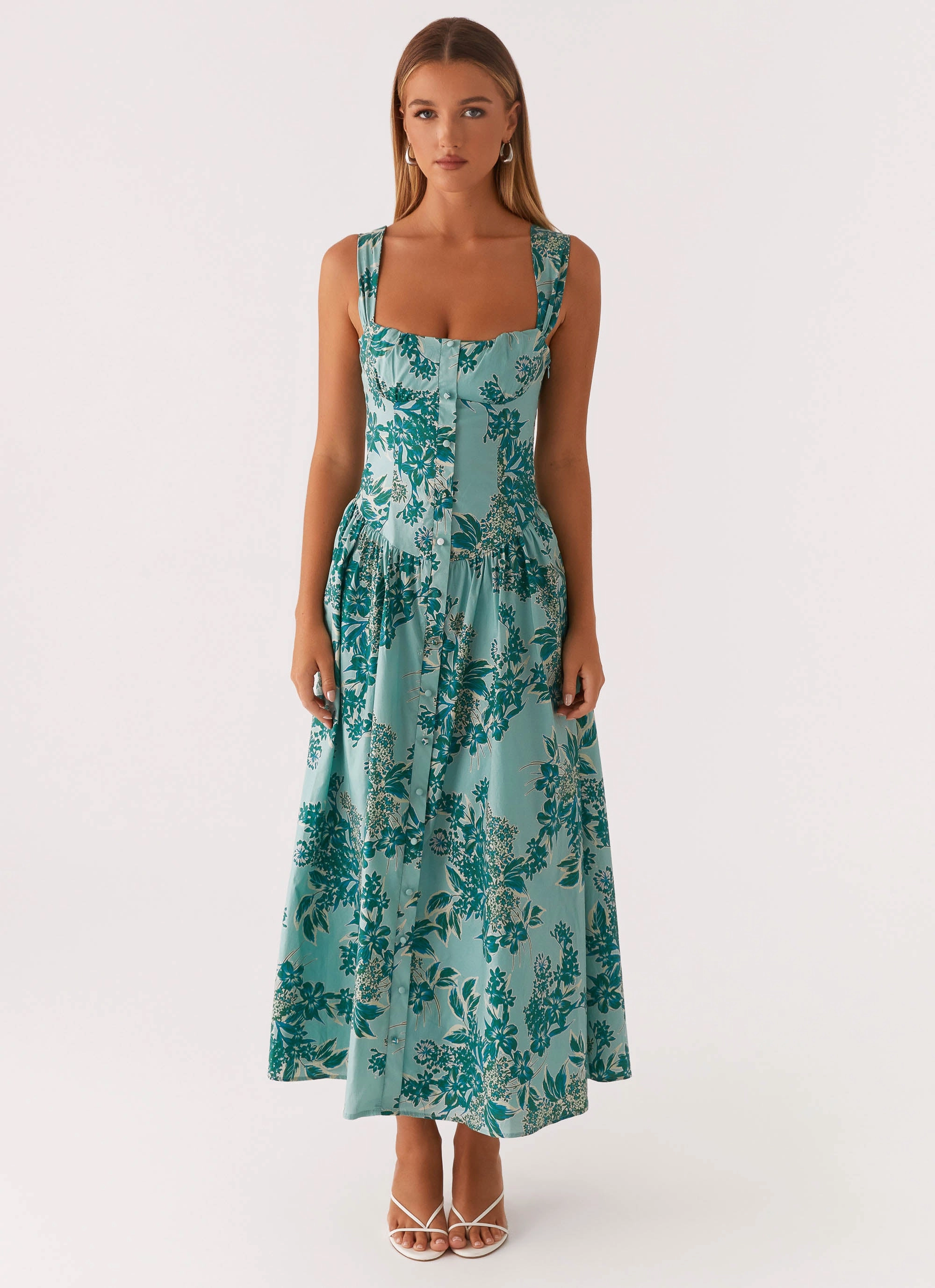 Cozy Drape Clean Structure Emmalina Midi Dress - Cloud Nine Floral