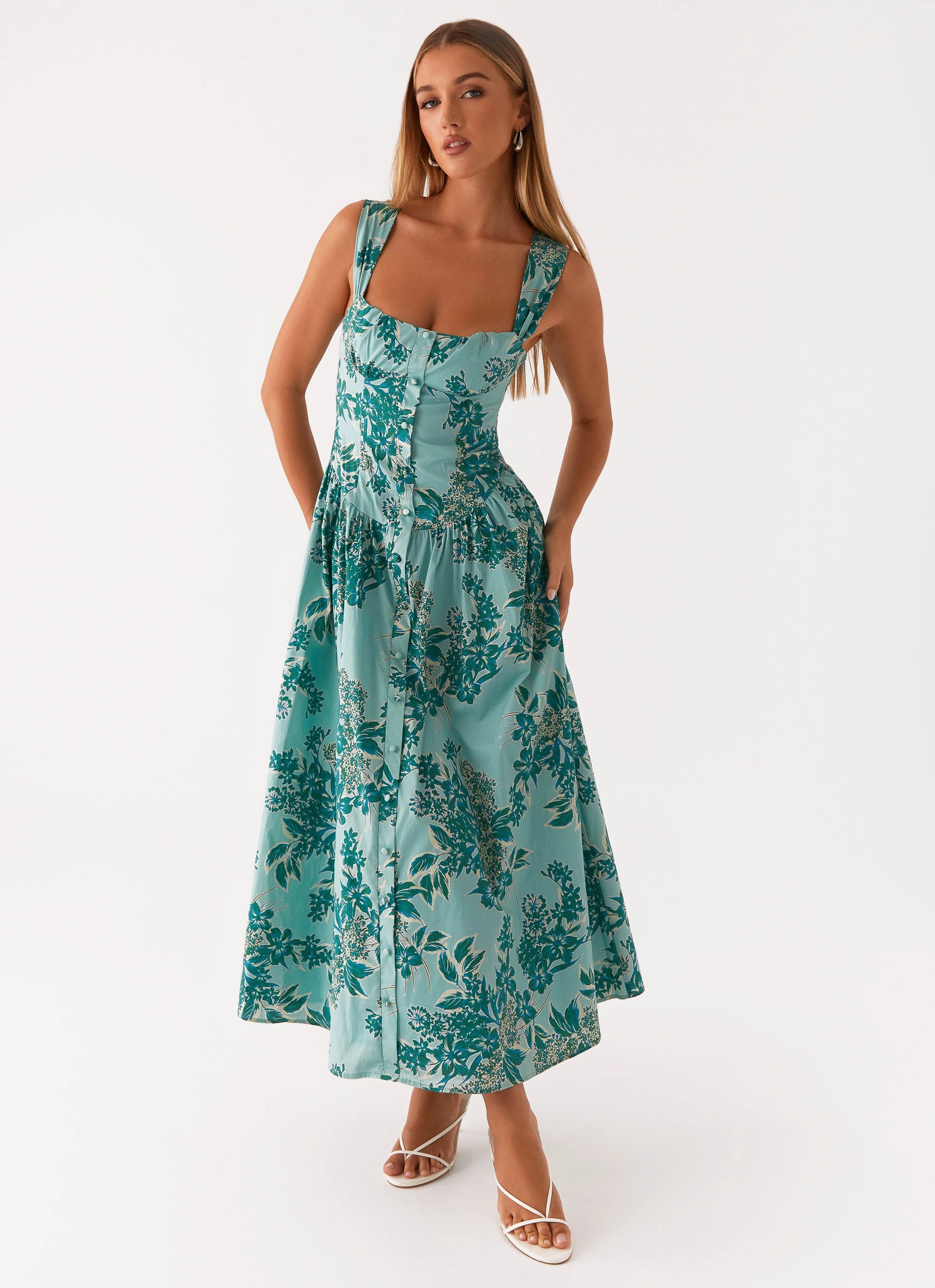Emmalina Midi Dress - Cloud Nine Floral Minimal Fit Soft Outfit