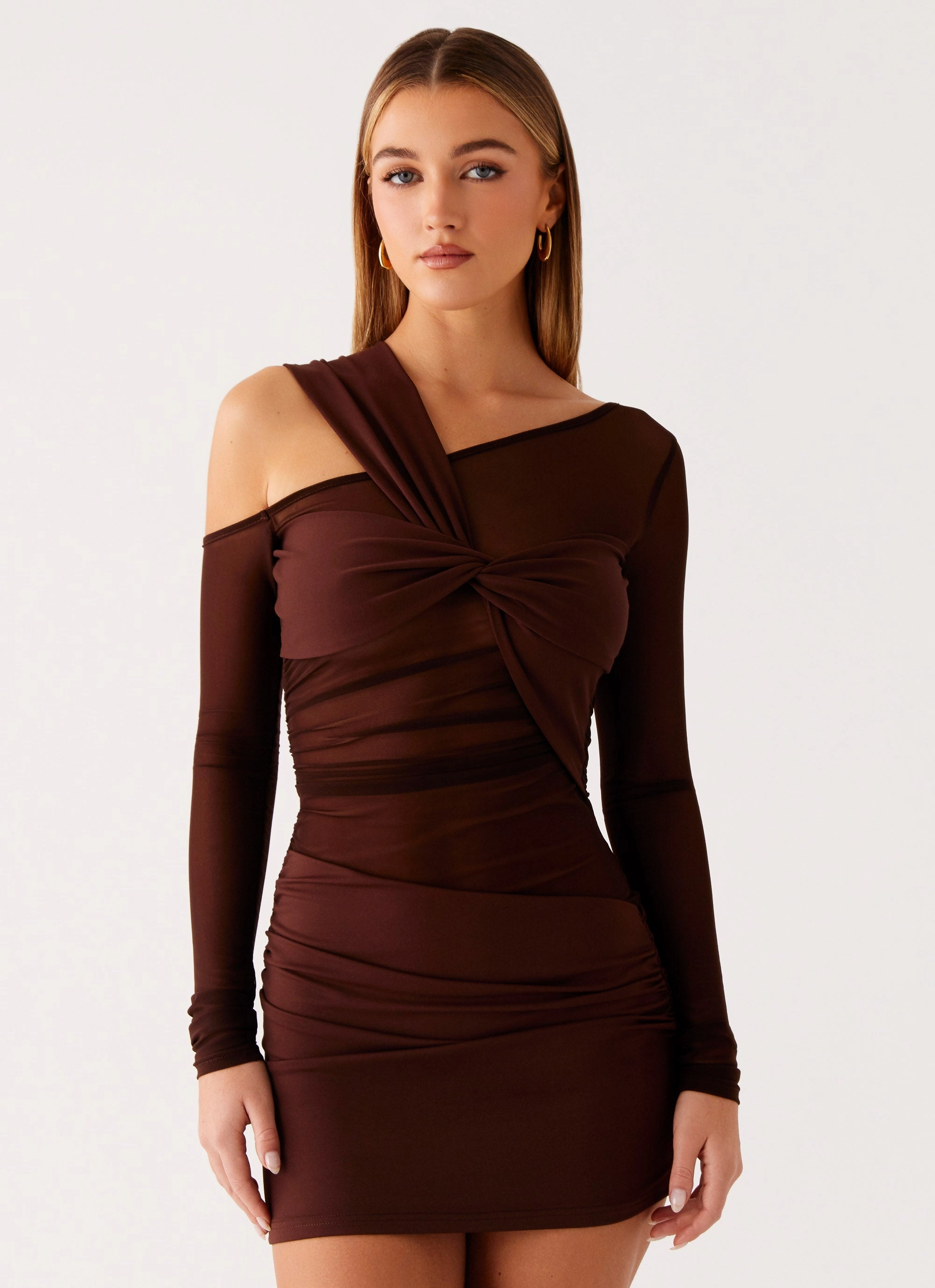 Ophelie Asymmetric Long Sleeve Mini Dress - Chocolate Smart Waistband Design