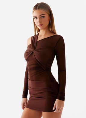 Crisp Texture Trend Smart Ophelie Asymmetric Long Sleeve Mini Dress - Chocolate