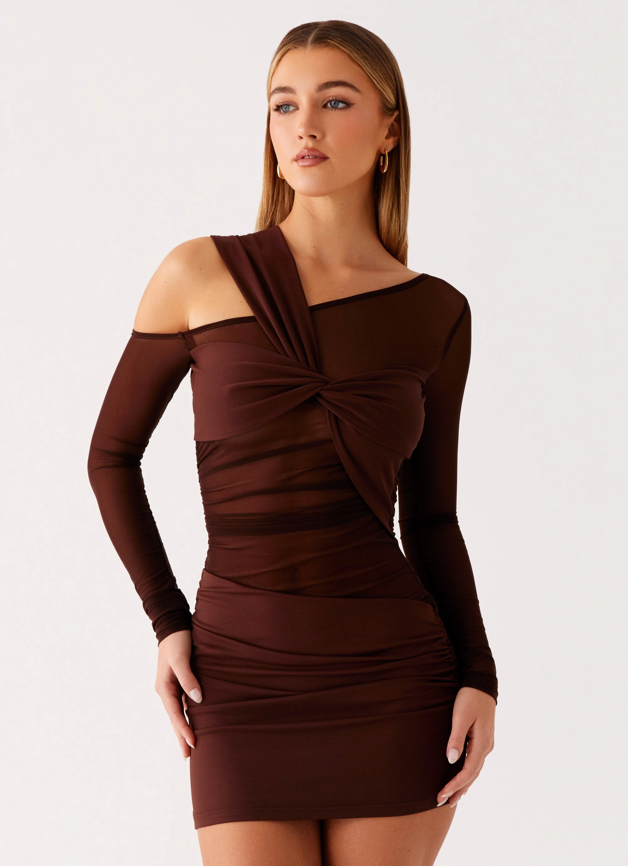 Sheer Layer Ophelie Asymmetric Long Sleeve Mini Dress - Chocolate