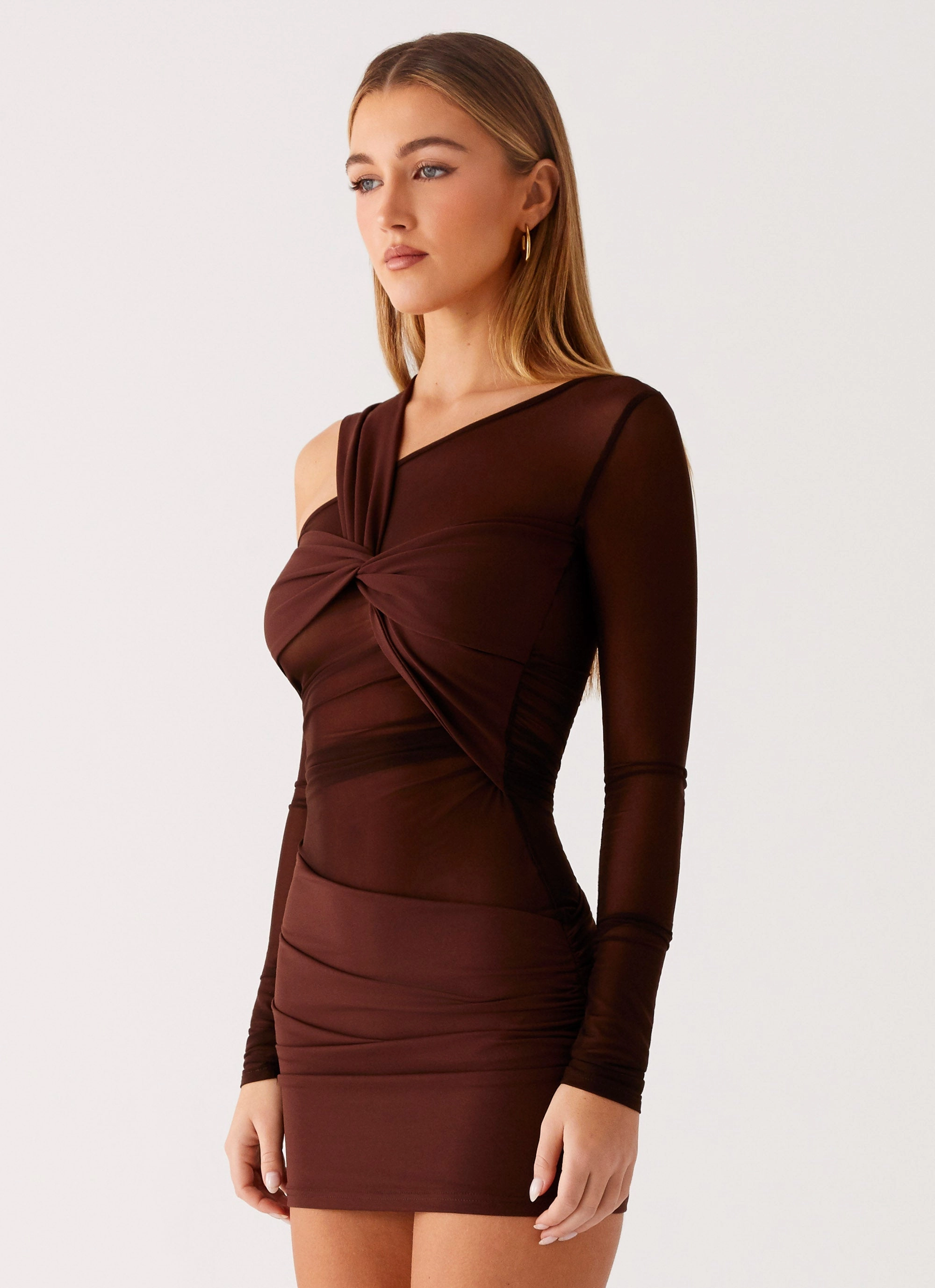 Ophelie Asymmetric Long Sleeve Mini Dress - Chocolate Stretchable