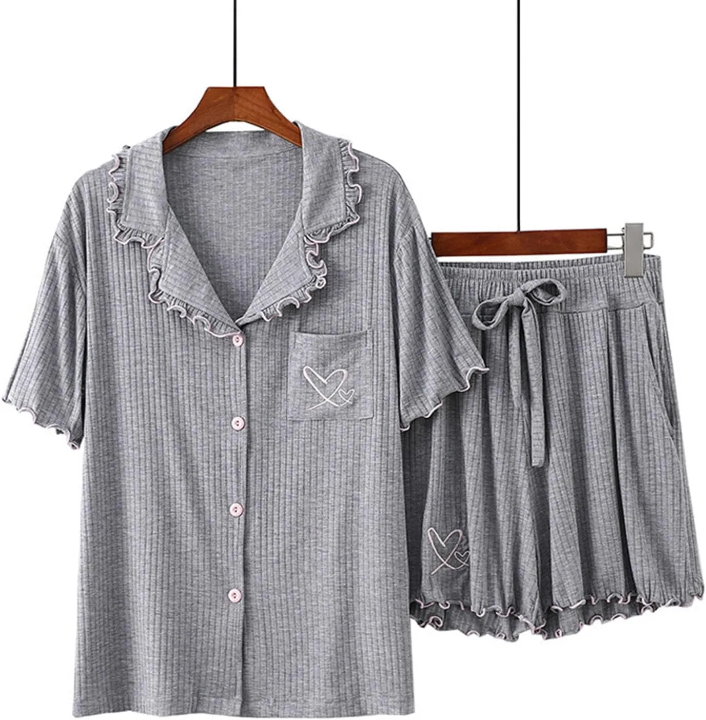 Oplxuo Button Up Pajamas Set for Women Lettuce Trim Short Sleeve Ribbed Knit Sleepwear 2 Piece Pjs Shorts Set