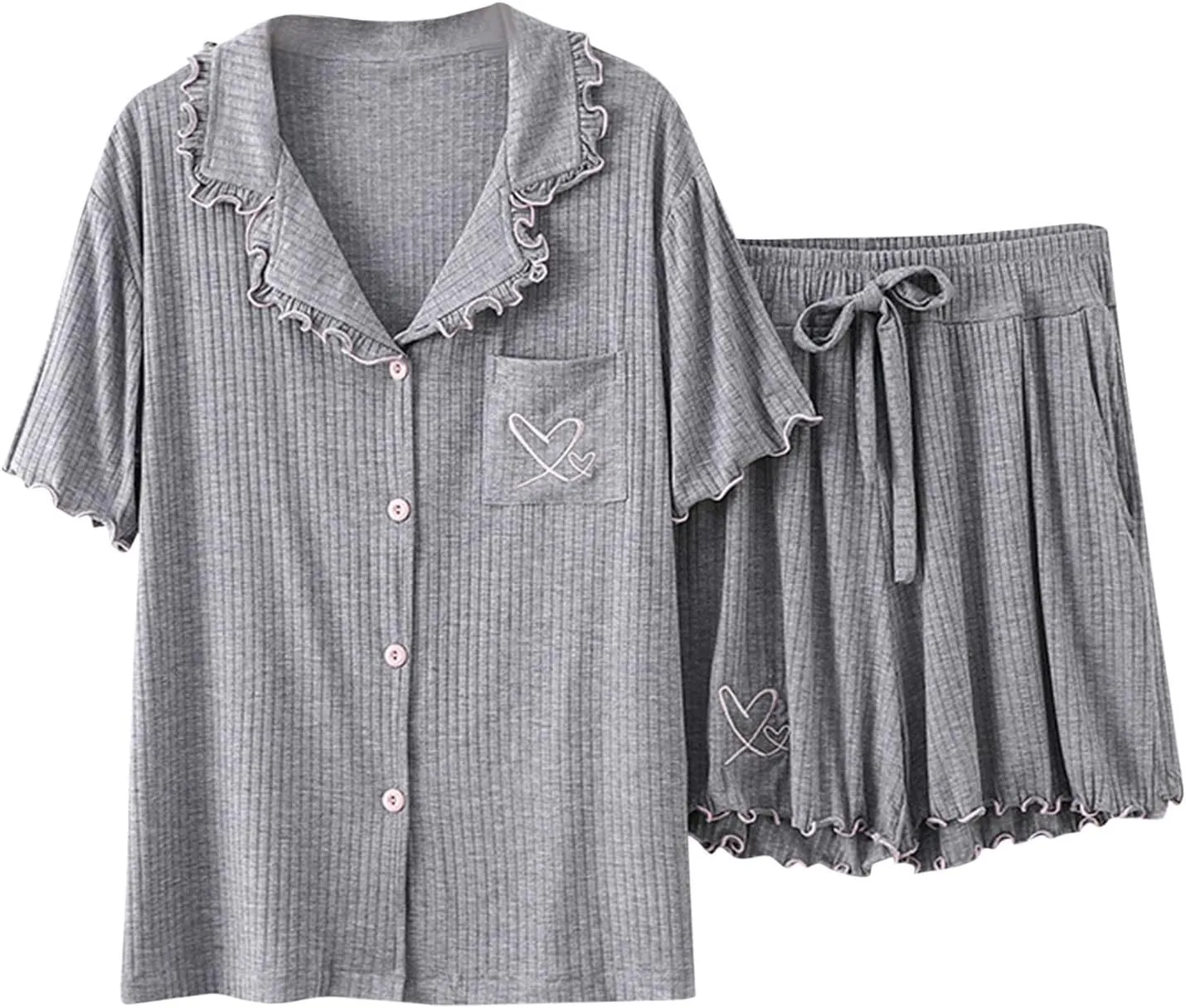 Oplxuo Button Up Pajamas Set for Women Lettuce Trim Short Sleeve Ribbed Knit Sleepwear 2 Piece Pjs Shorts Set
