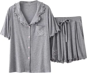 Oplxuo Button Up Pajamas Set for Women Lettuce Trim Short Sleeve Ribbed Knit Sleepwear 2 Piece Pjs Shorts Set