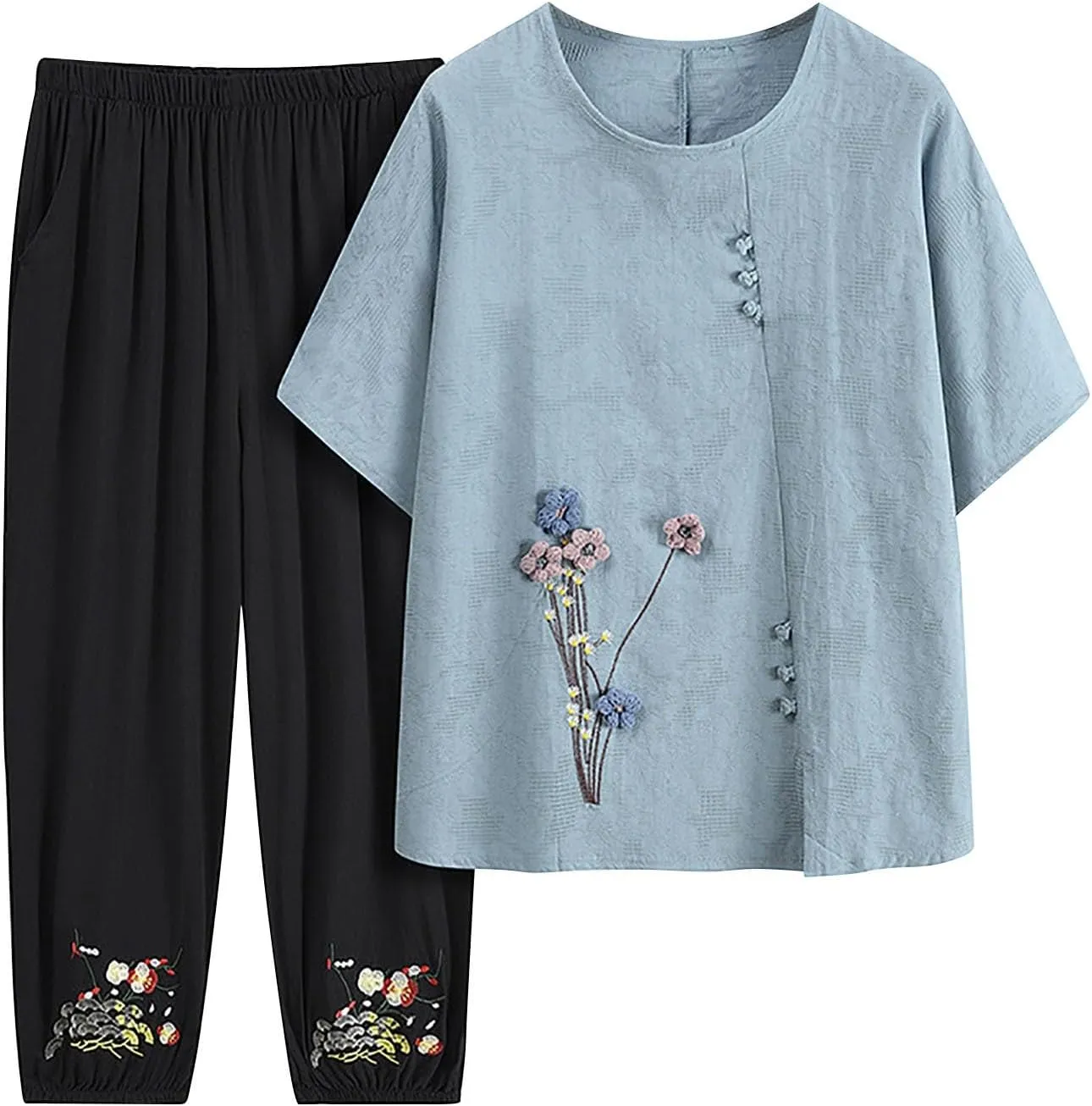 Oplxuo Women 2 Piece Outfits Plus Size Cotton Half Sleeve Embroidered Top Capri Pants Lounge Matching Set Tracksuit