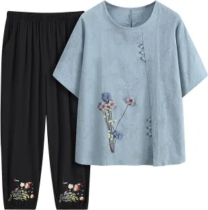 Oplxuo Women 2 Piece Outfits Plus Size Cotton Half Sleeve Embroidered Top Capri Pants Lounge Matching Set Tracksuit