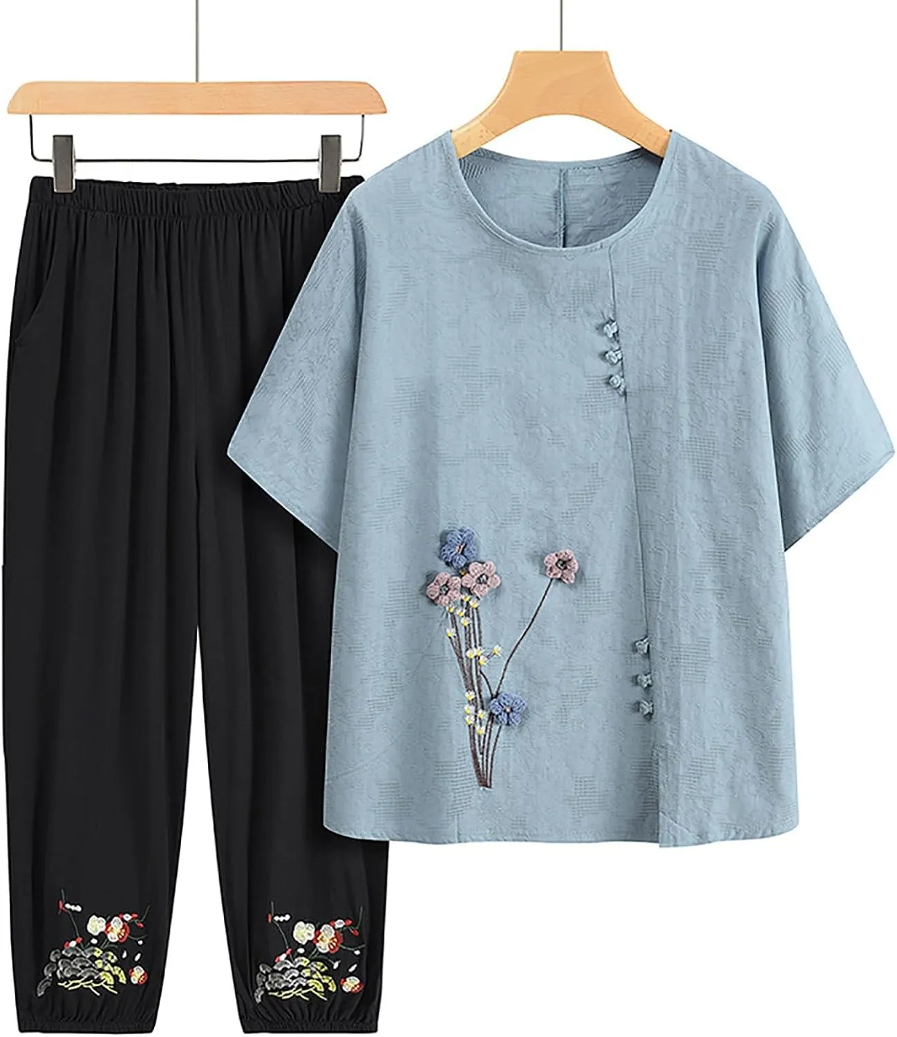 Oplxuo Women 2 Piece Outfits Plus Size Cotton Half Sleeve Embroidered Top Capri Pants Lounge Matching Set Tracksuit