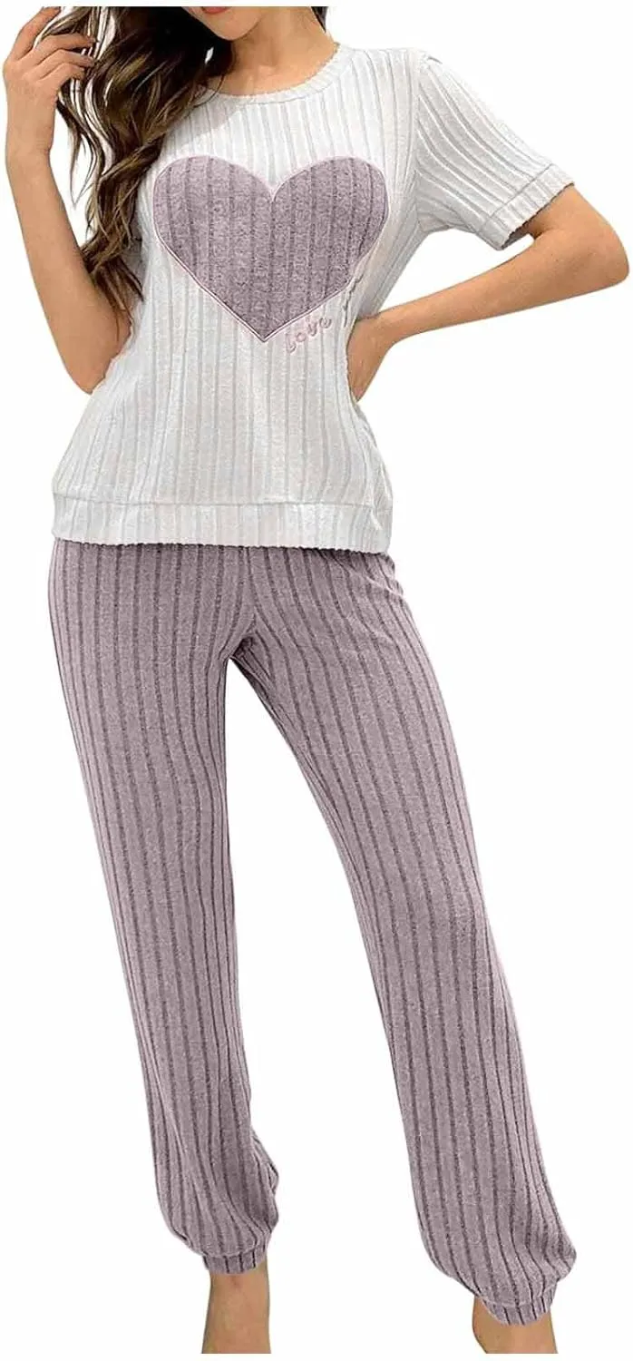 Oplxuo Women Ribbed Knit Pajama Sets Short Sleeve Heart Graphic Top and Pants 2 Piece Soft Pjs Sleepwear Lounge Sets