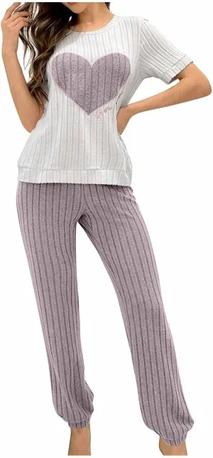 Oplxuo Women Ribbed Knit Pajama Sets Short Sleeve Heart Graphic Top and Pants 2 Piece Soft Pjs Sleepwear Lounge Sets