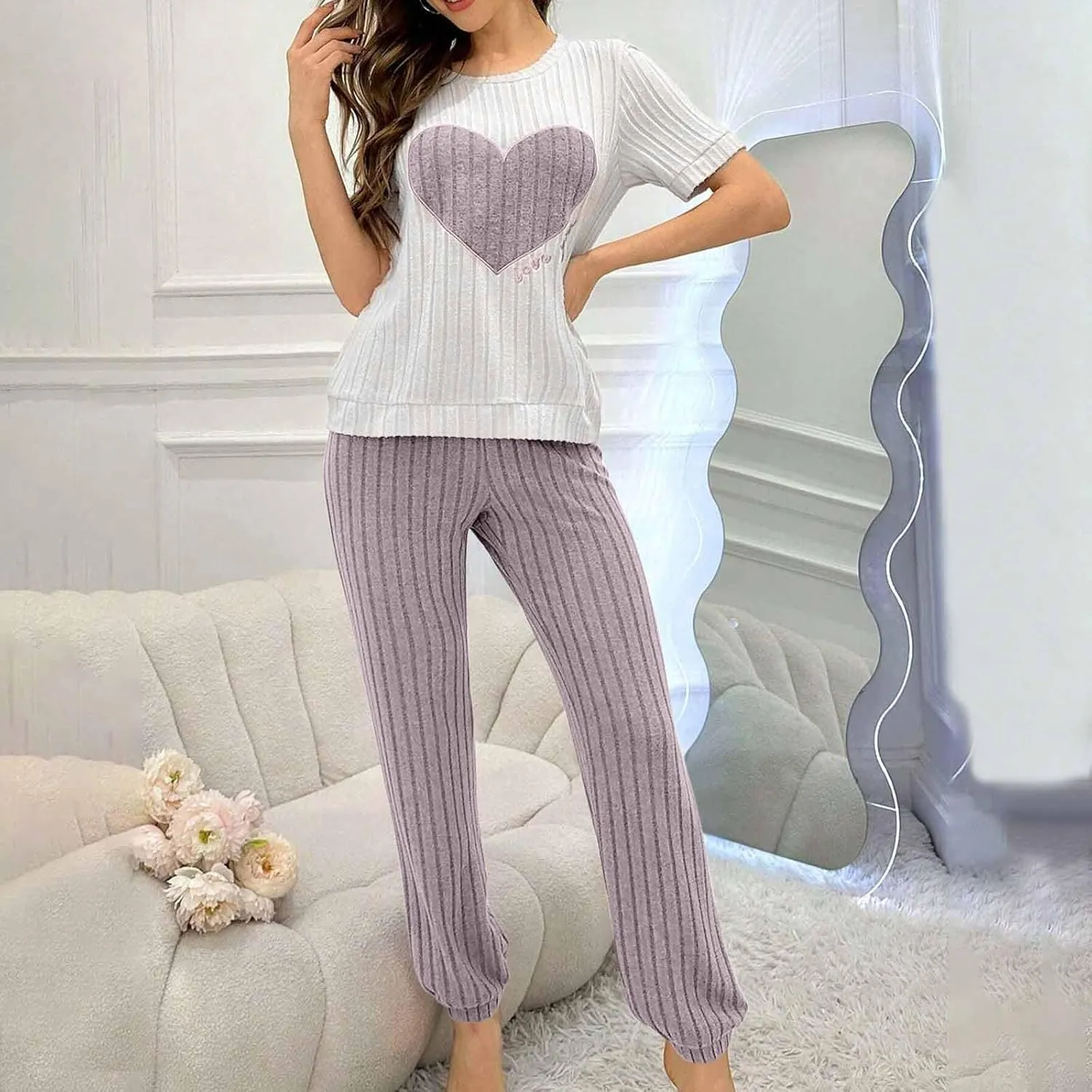 Oplxuo Women Ribbed Knit Pajama Sets Short Sleeve Heart Graphic Top and Pants 2 Piece Soft Pjs Sleepwear Lounge Sets