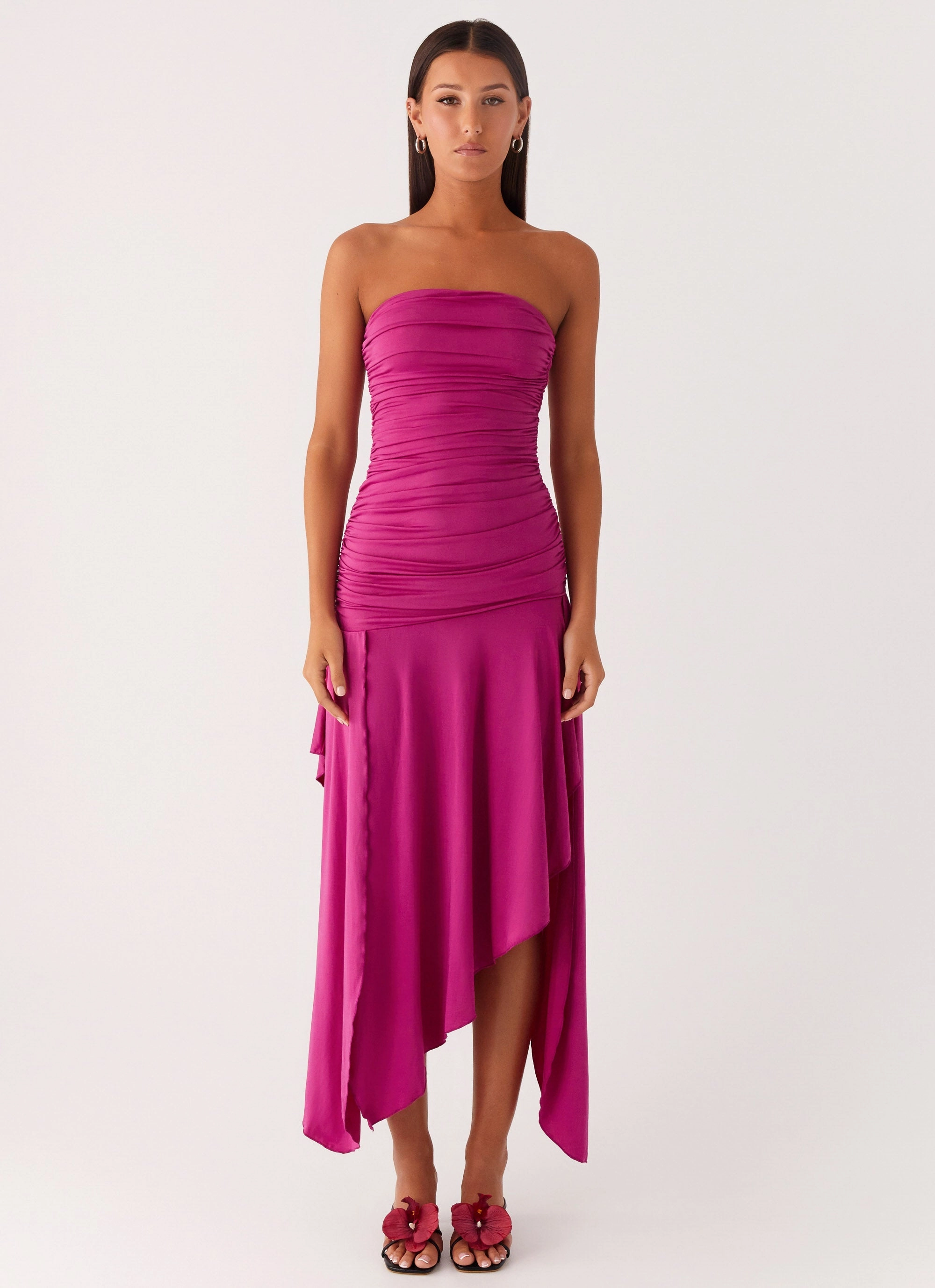 monochrome Flow Line Ora Strapless Maxi Dress - Fuchsia