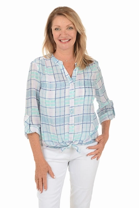 Orchid Plaid Button-Front Blouse Reflective Trims ThermalInsulation