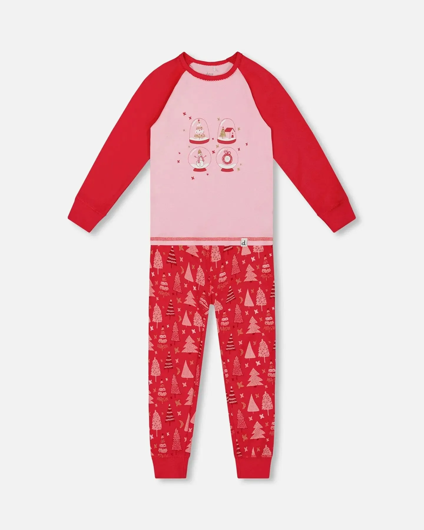 Organic Cotton Two Piece Pajama Set Red Printed Christmas Tree