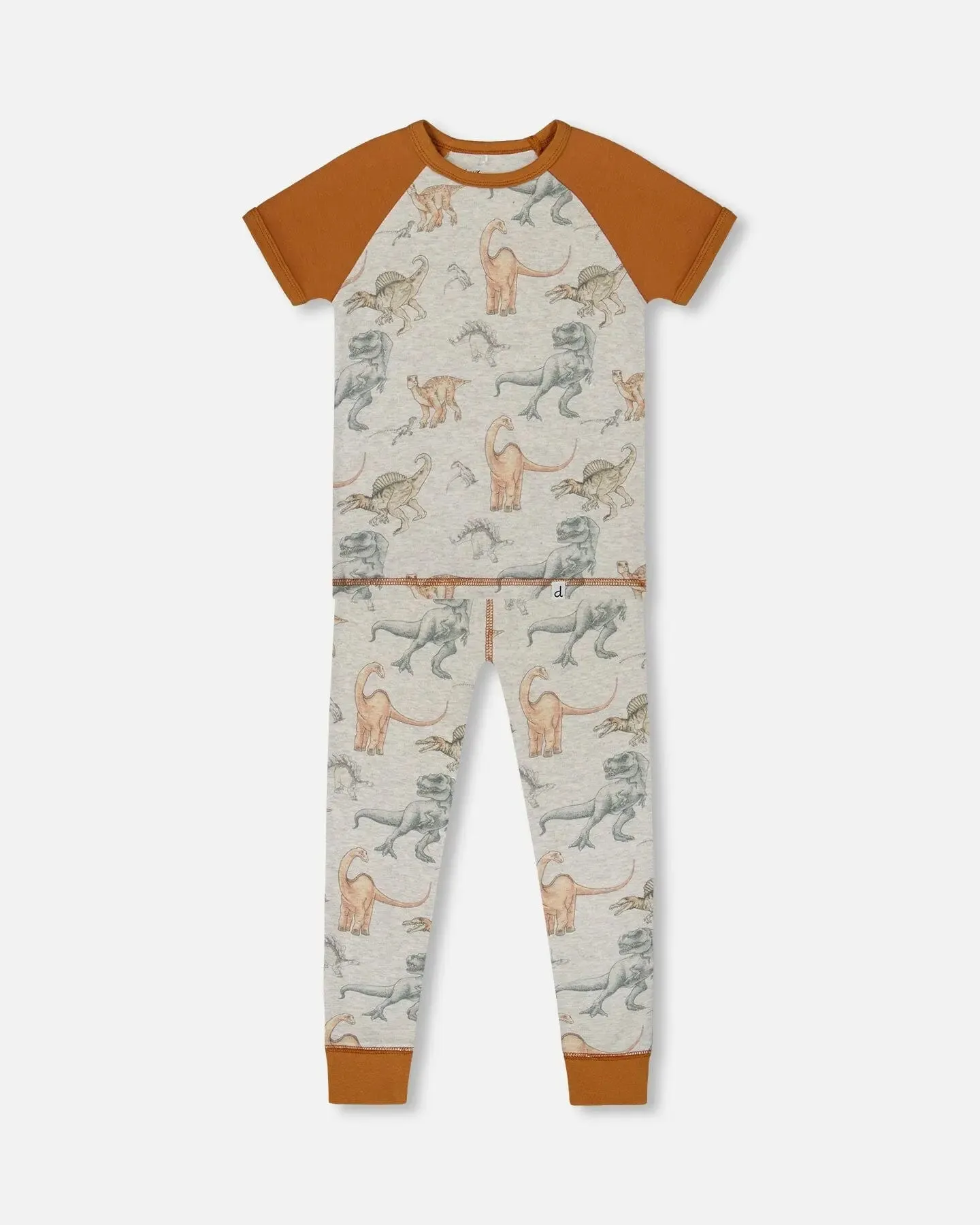 Organic Cotton Two-Piece Short Sleeve Top And Pant Pajama Set Dinosaur On Mottled And Tan Background