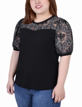 Minimalist Collar Plus Size Puff Lace-Sleeve Top