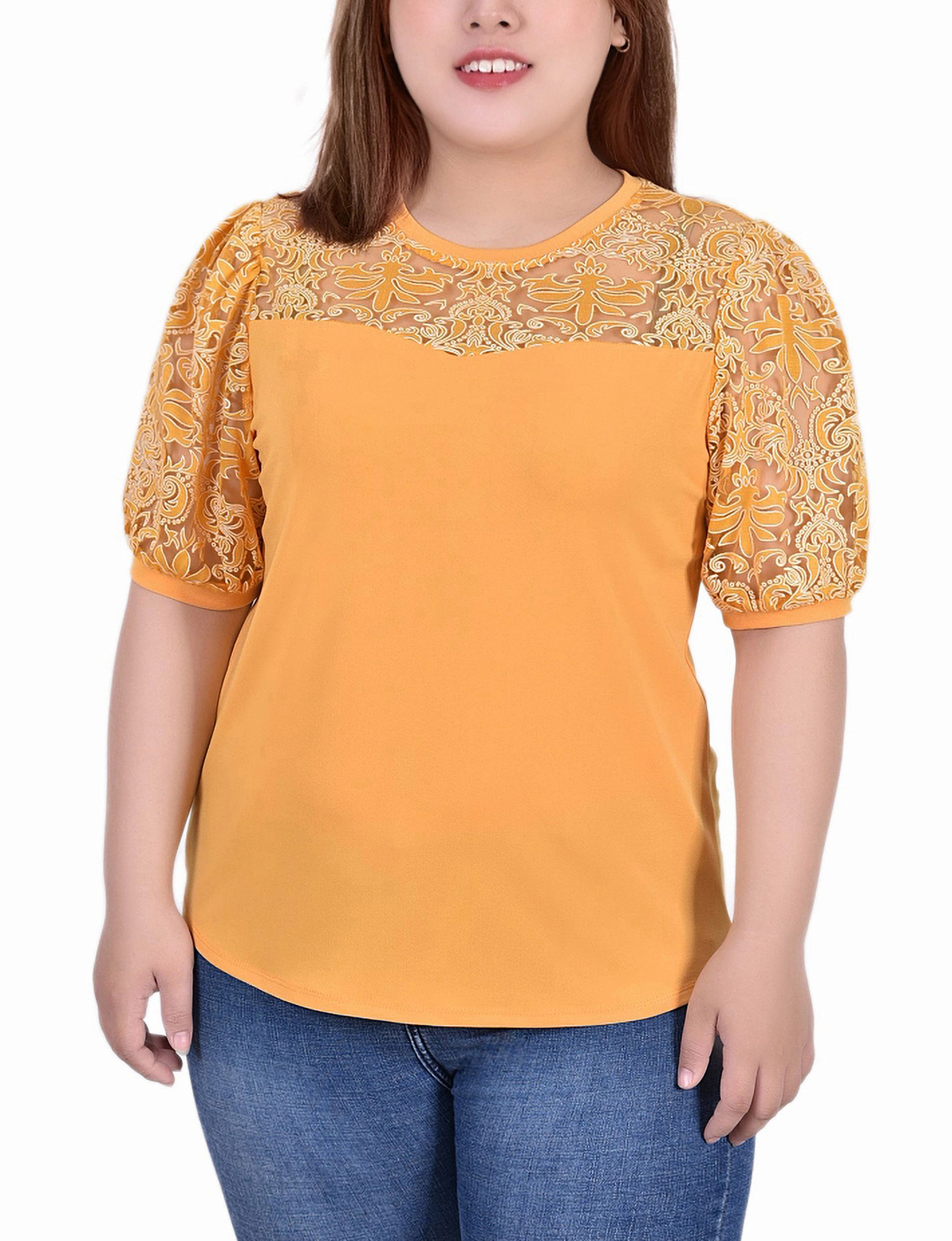 Reinforced Shoulder Panels Plus Size Puff Lace-Sleeve Top