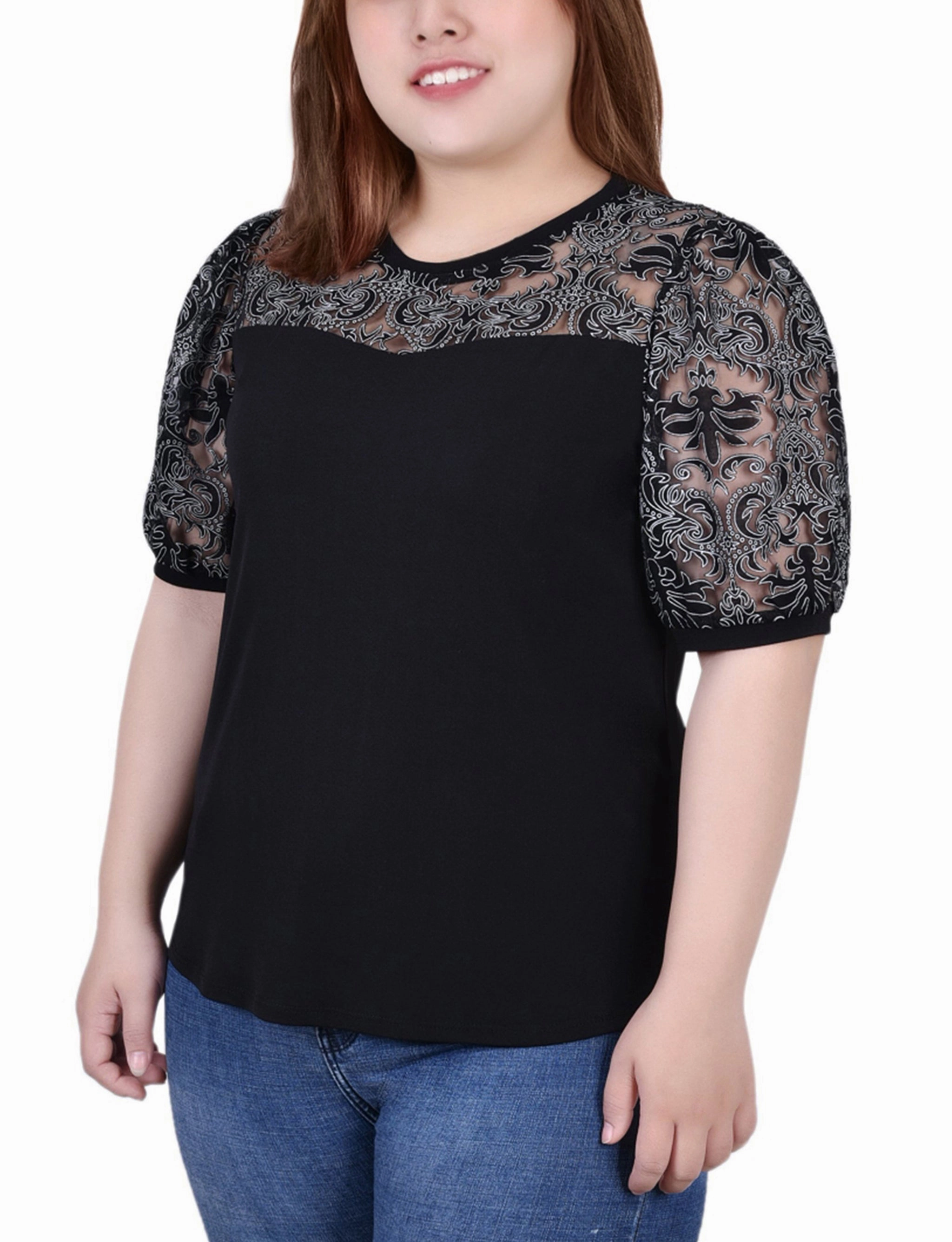 Plus Size Puff Lace-Sleeve Top Water resistant coating