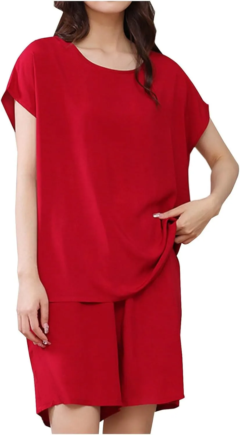 Oversized Two Piece Pajamas Sets for Women Short Sleeve Round Neck Drop Shoulder Tops and Loose Cotton Comfy Shorts