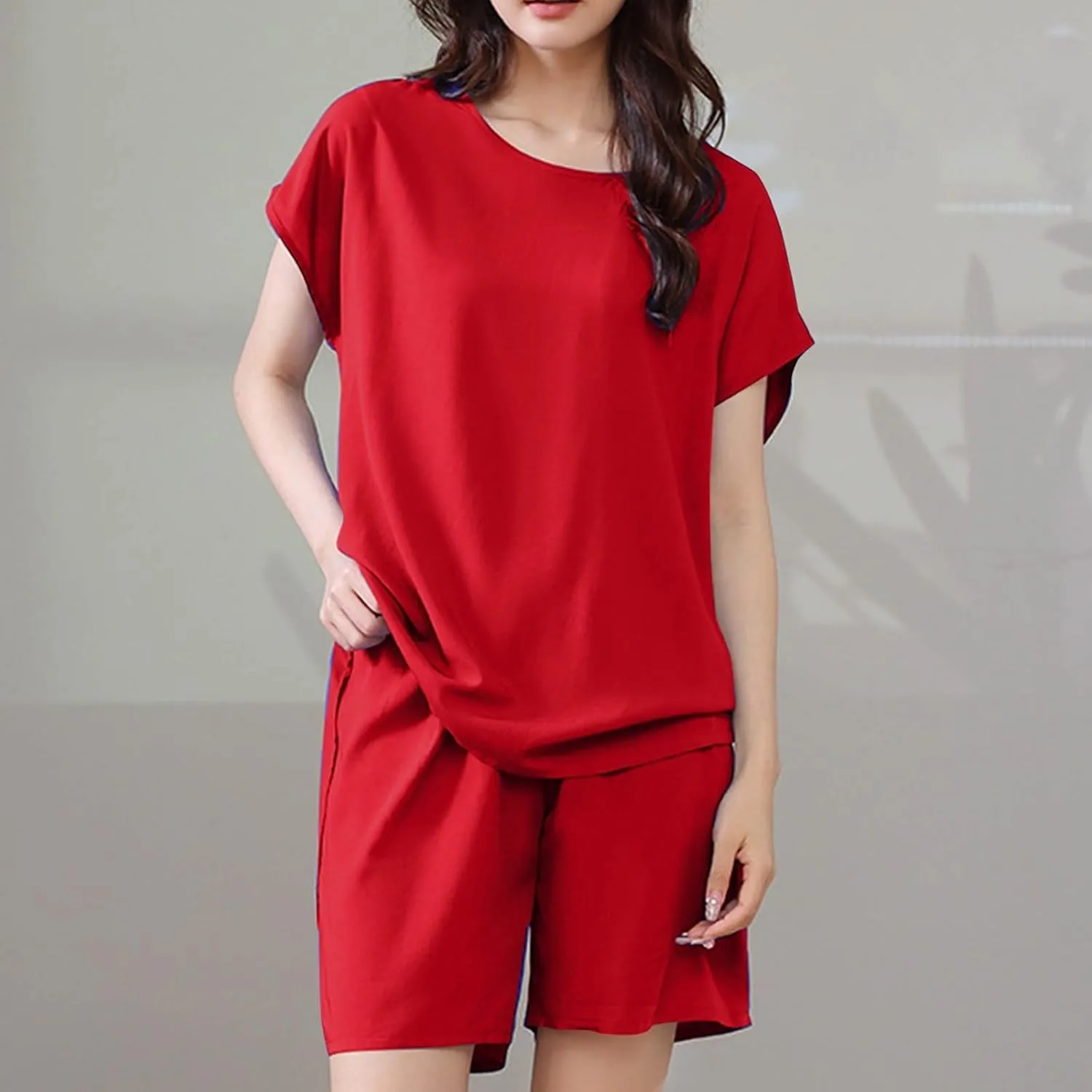 Oversized Two Piece Pajamas Sets for Women Short Sleeve Round Neck Drop Shoulder Tops and Loose Cotton Comfy Shorts