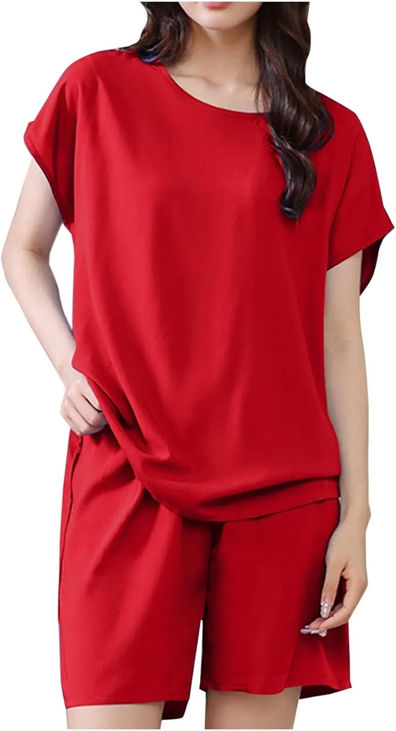 Oversized Two Piece Pajamas Sets for Women Short Sleeve Round Neck Drop Shoulder Tops and Loose Cotton Comfy Shorts