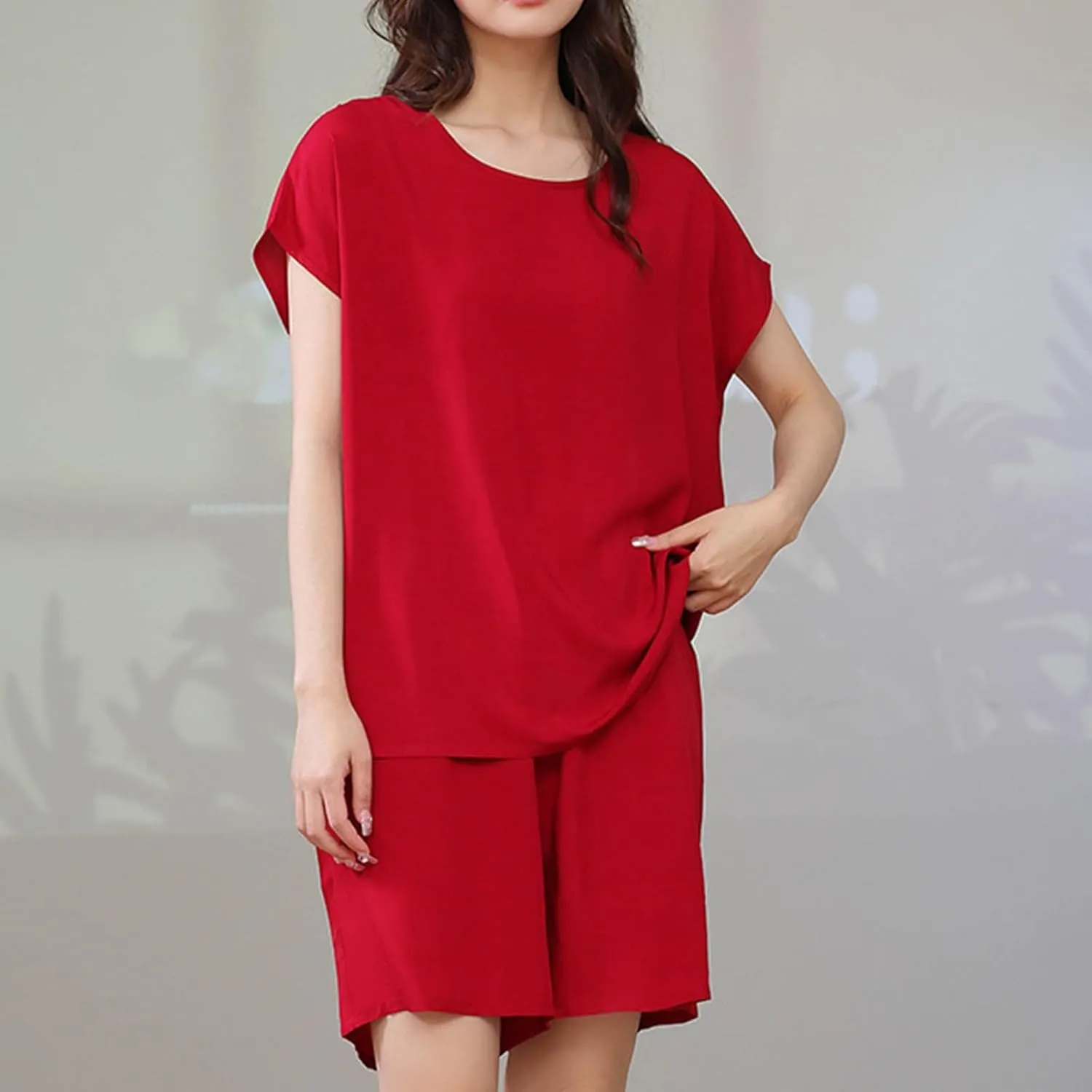 Oversized Two Piece Pajamas Sets for Women Short Sleeve Round Neck Drop Shoulder Tops and Loose Cotton Comfy Shorts