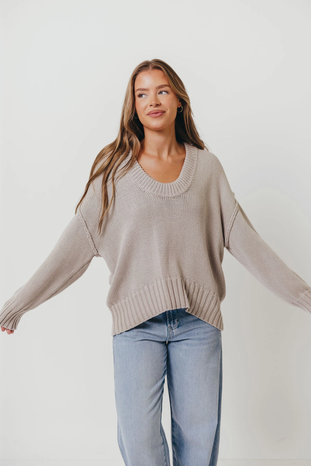 Lola 100% Cotton Scoop Neck Drop Shoulder Knit Sweater in Grey Soft Hoodie