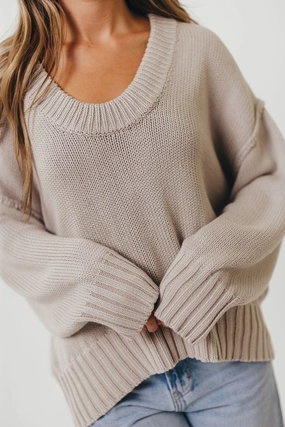 Lola 100% Cotton Scoop Neck Drop Shoulder Knit Sweater in Grey BrushedInnerLining DoubleStitching