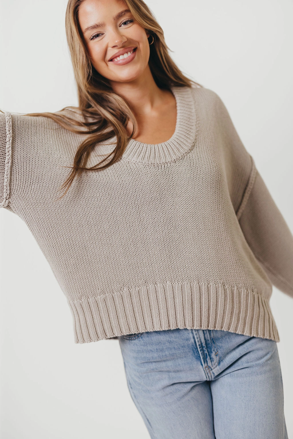 Lola 100% Cotton Scoop Neck Drop Shoulder Knit Sweater in Grey GarmentWashedFinish casual top