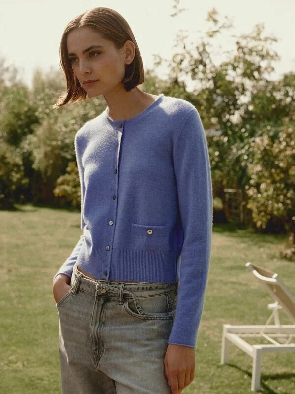 Stretch Fit Top LayeredPanel Round Neck Buttoned Cashmere Cardigan Iris