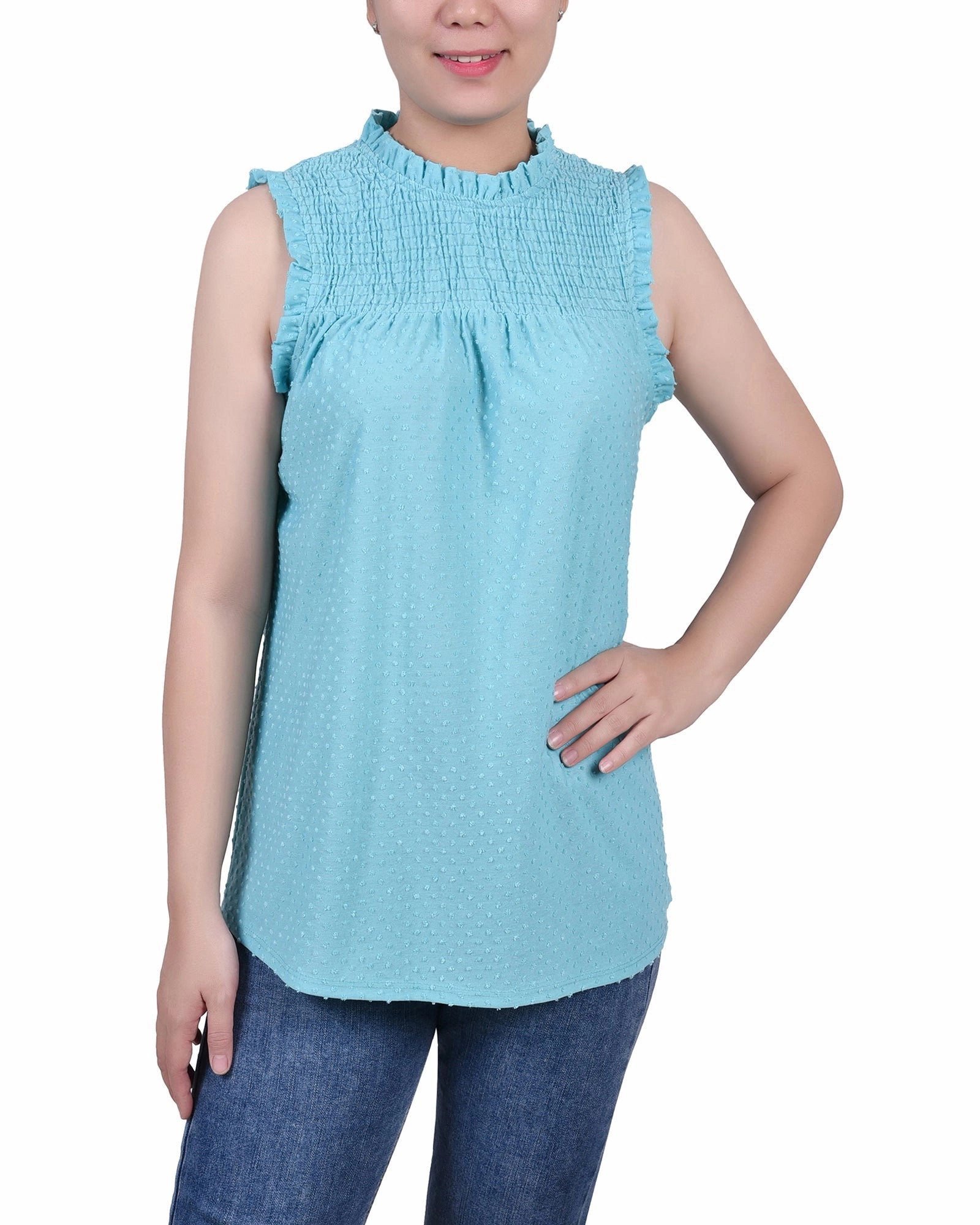 Wrinkle Resistant Texture Sleeveless Yoke Top With Ruffles