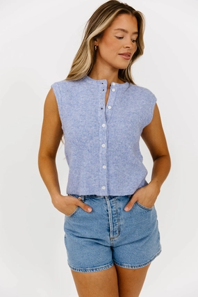 Analeigh Sleeveless Ribbed Knit Vest in Blue YarnDyeStripe Chic Look