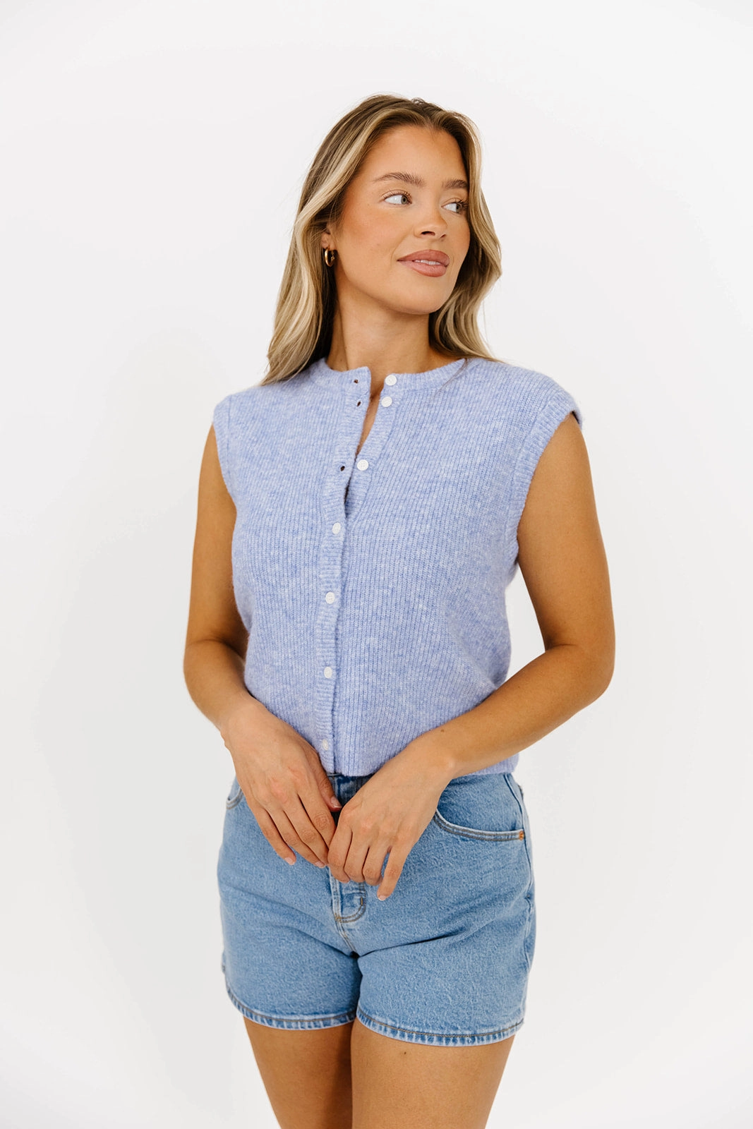Analeigh Sleeveless Ribbed Knit Vest in Blue Active Wear Tapered Side Panels