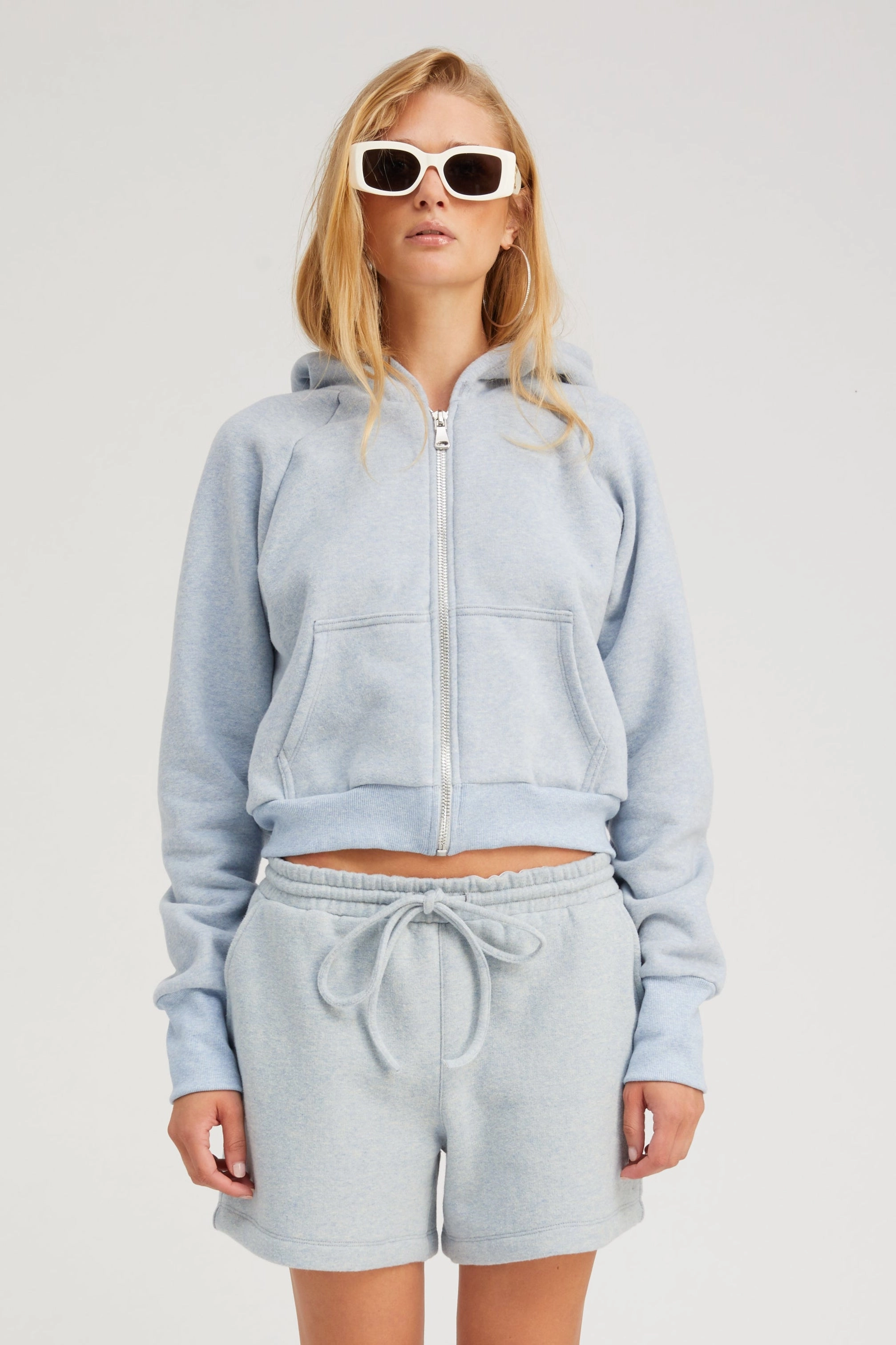 Ice Blue Melange Shrunken Zip Up Hoodie VersatileLayering Layered Ply Construction