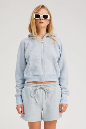 Ice Blue Melange Shrunken Zip Up Hoodie VersatileLayering Layered Ply Construction