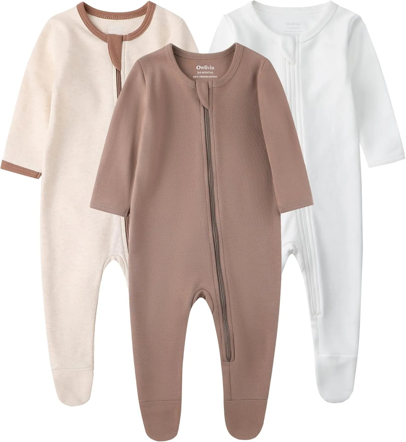 Owlivia Organic Cotton Baby Pajamas, Boys Girls 3-Pack Zip Front Sleep 'N Play Pjs, Footed Sleeper, Long Sleeve