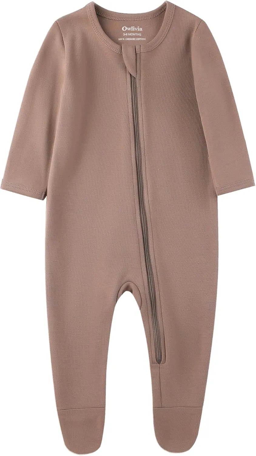 Owlivia Organic Cotton Baby Pajamas, Boys Girls 3-Pack Zip Front Sleep 'N Play Pjs, Footed Sleeper, Long Sleeve