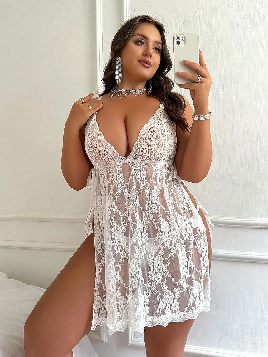 OYOANGLE Women's Plus Size 2 Piece Mesh Lace Babydoll Nightgown and Knot Side G-String Sexy Lingerie Set