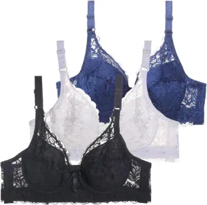Pack of 3 Minimizer Bra Sets for Women - Plus Size Lace Bra Womans Full Coverage Bras Unlined Underwire Bra for Heavy Breast