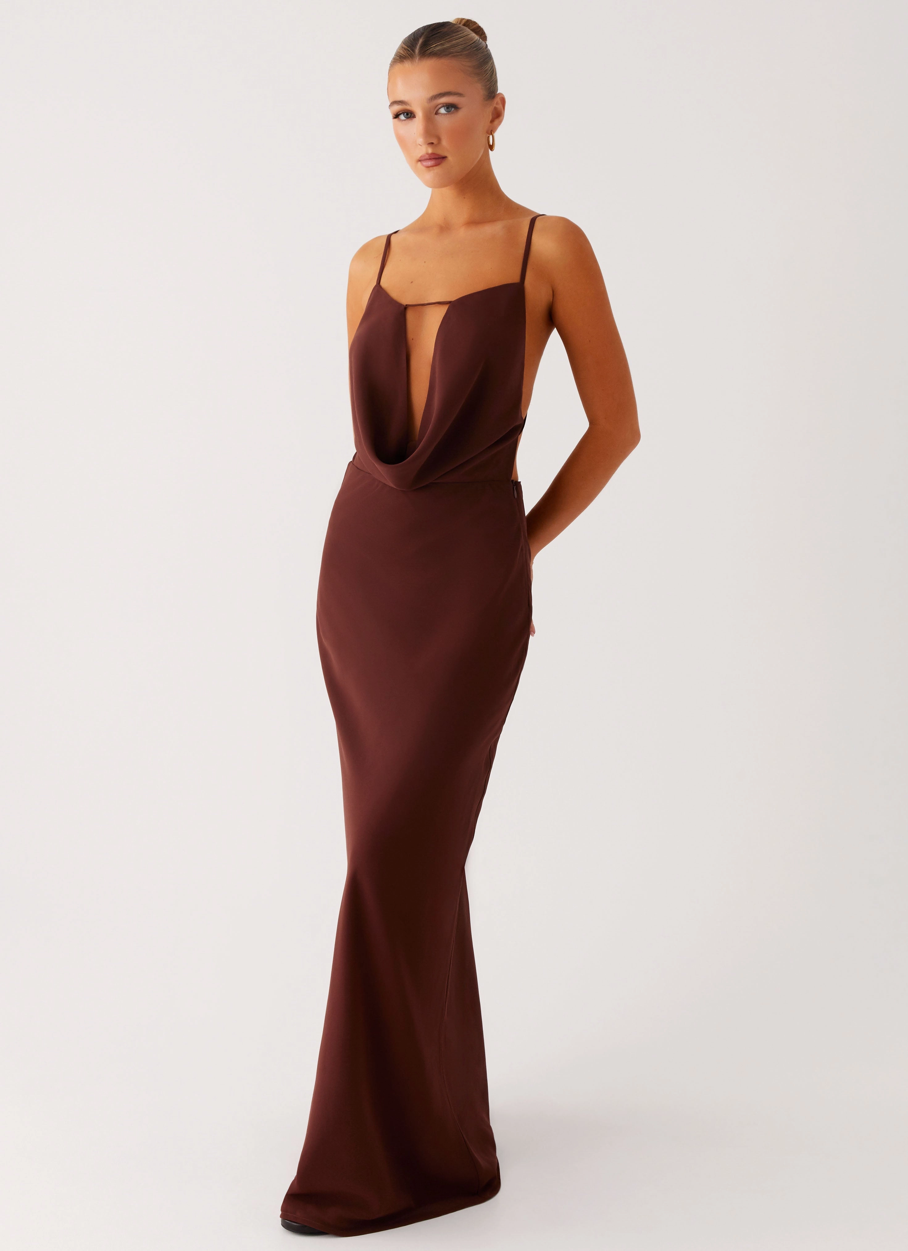 Smart Blend Natural Tones Elation Cowl Neck Maxi Dress - Chocolate