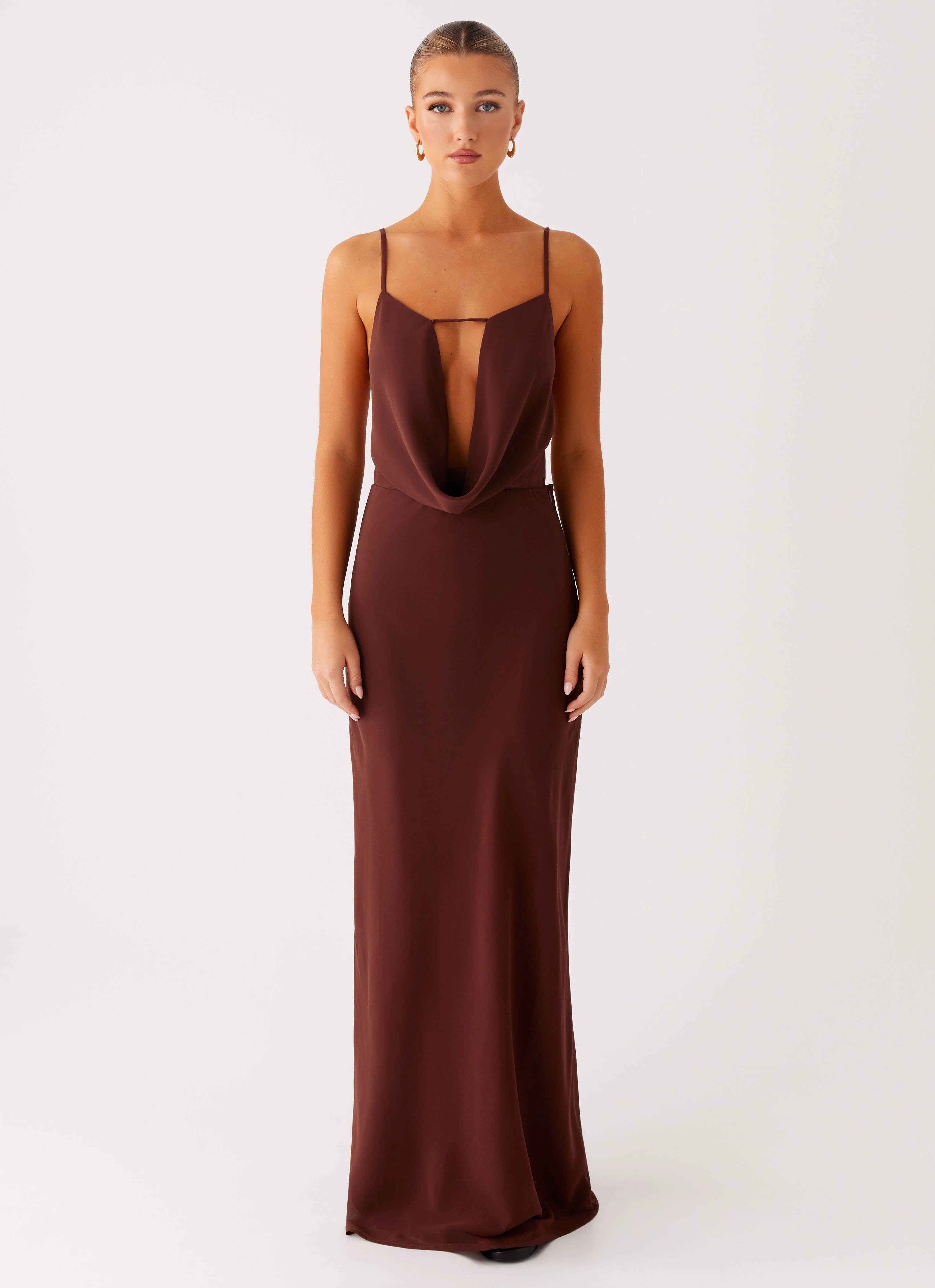 Flawless Waistband Fit Elation Cowl Neck Maxi Dress - Chocolate