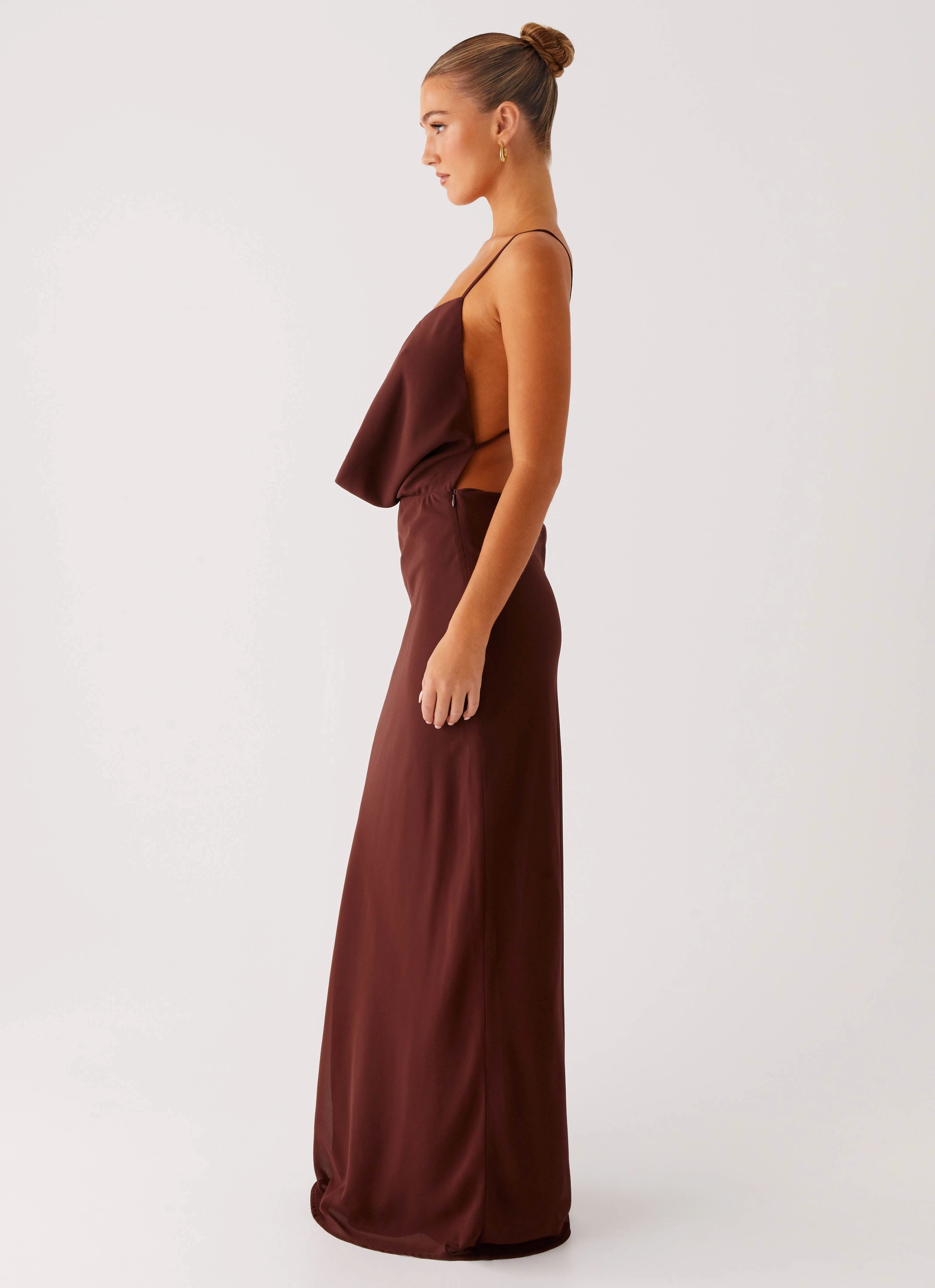 Front Ruffle Elation Cowl Neck Maxi Dress - Chocolate