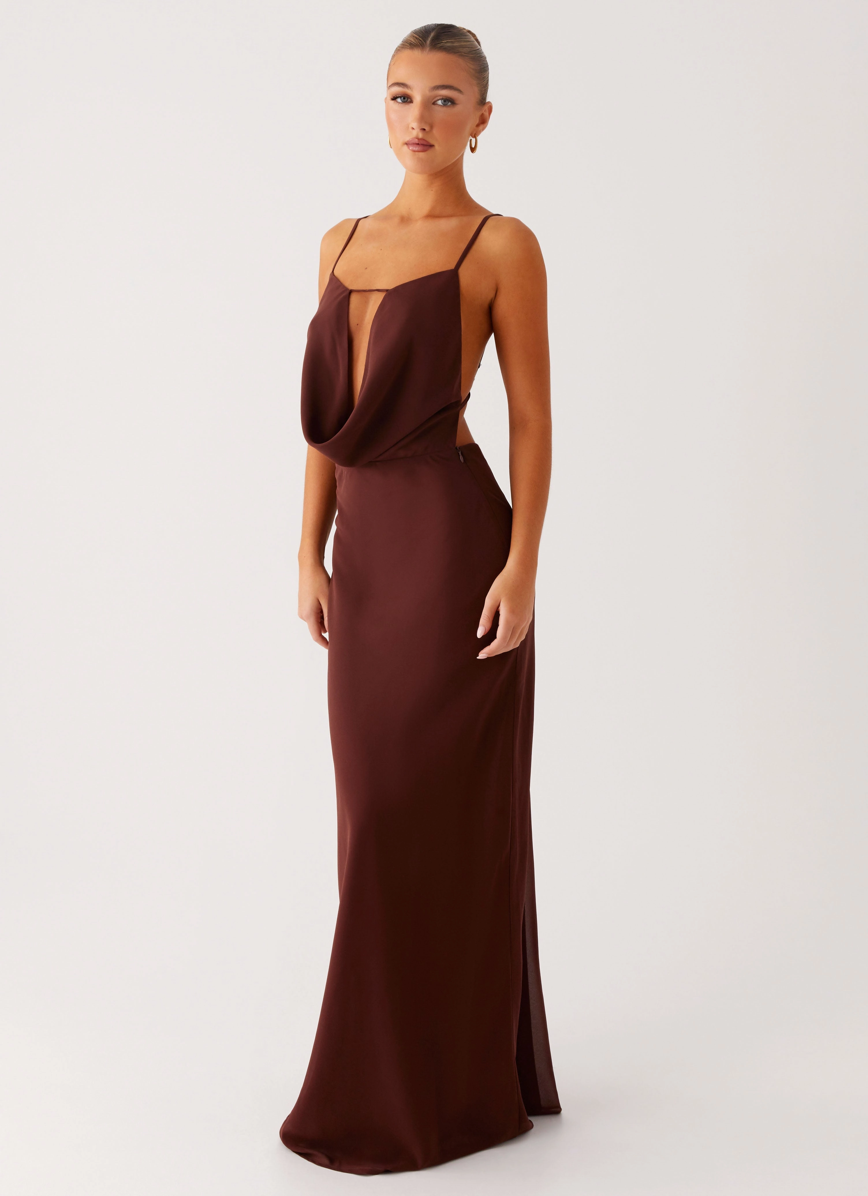 Elation Cowl Neck Maxi Dress - Chocolate Ruffle Detail Dance Night