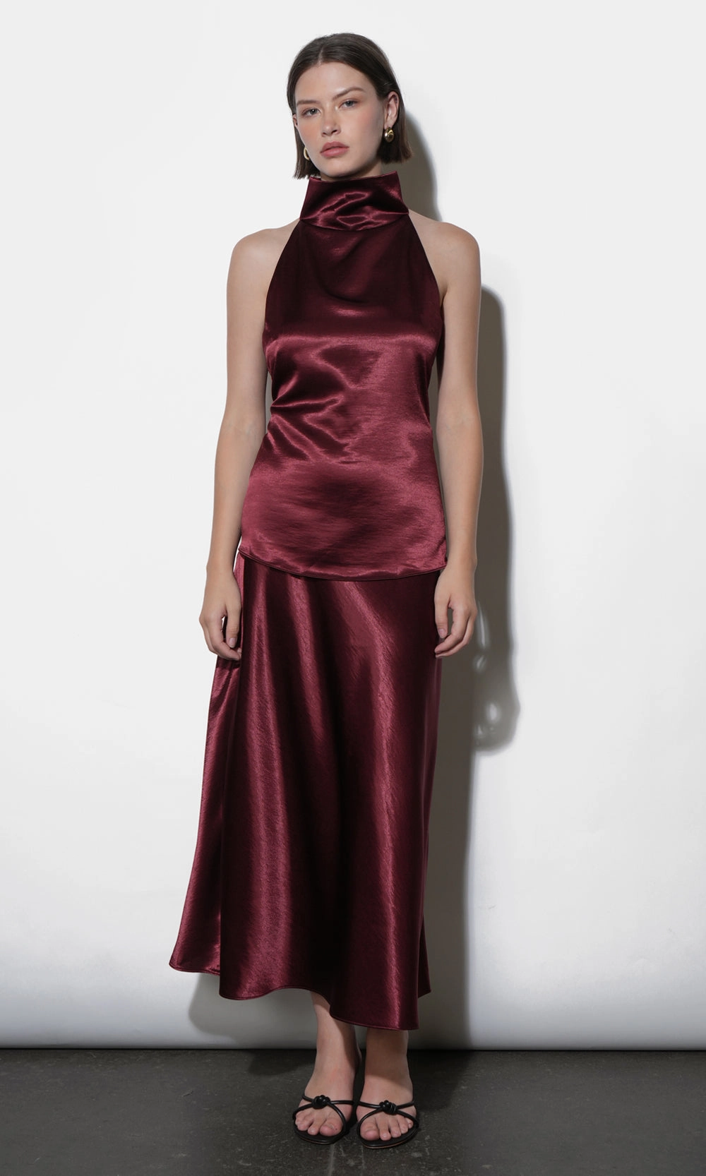 Paige Midi Slip Skirt in Dark Cherry Abrasion resistant Photoshoot Ready