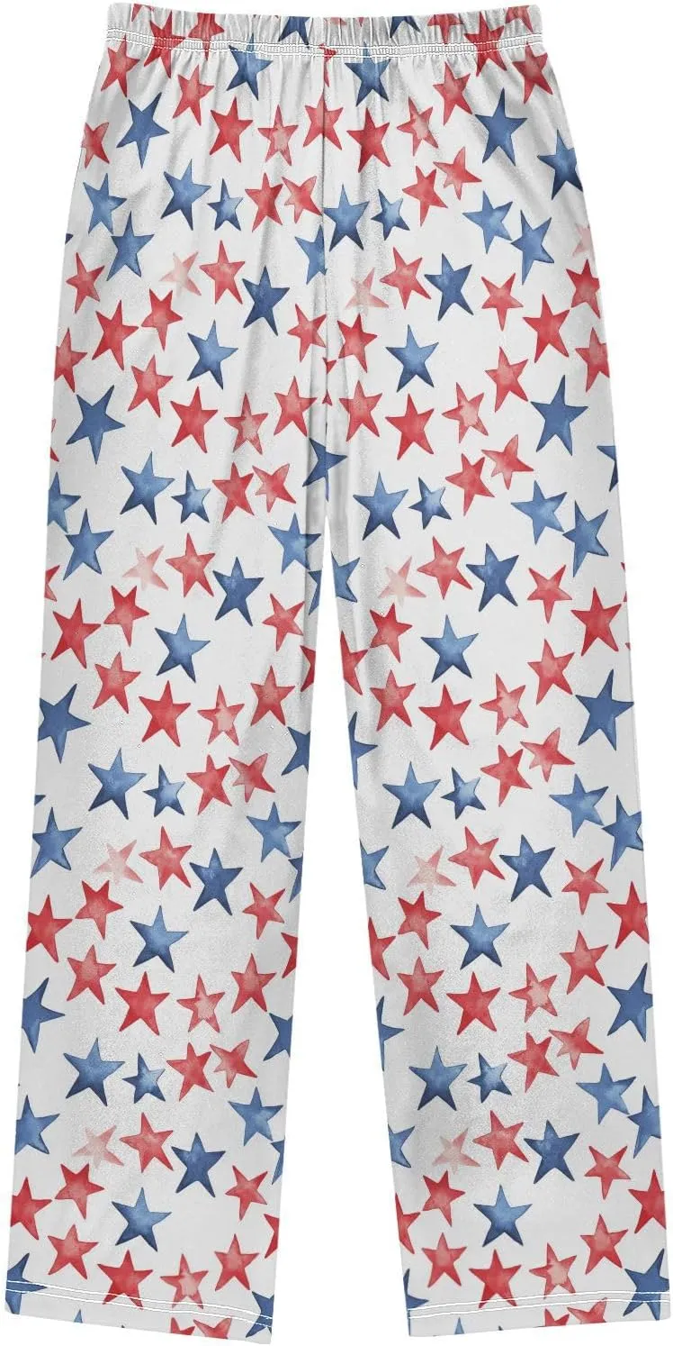 Pajama Bottoms, Blue and Red Stars Pajamas Pant Sleep Long Pants Lounge Wear Sleepwear Pjs