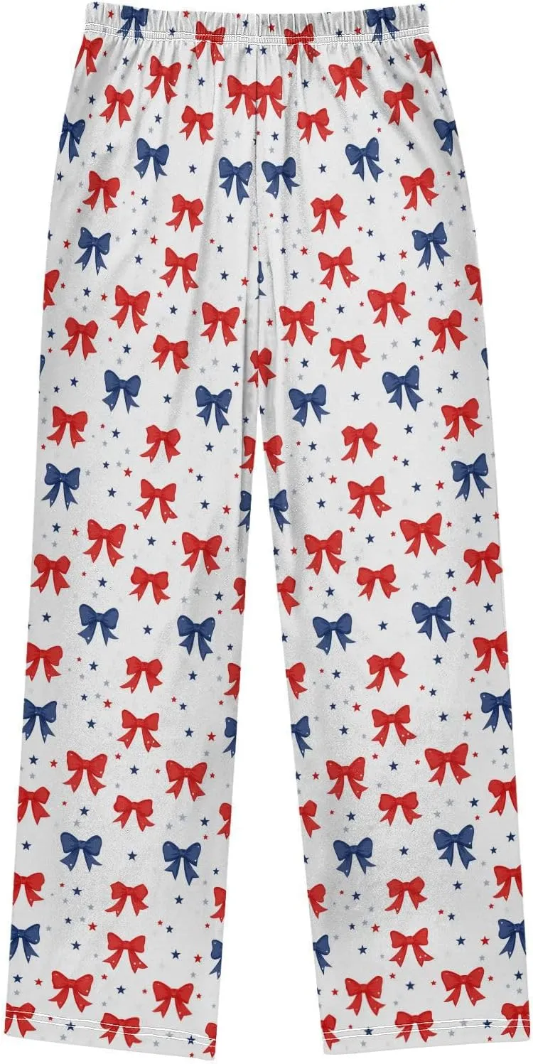 Pajama Bottoms, Blue Red Bows Pajamas Pant Sleep Long Pants Lounge Wear Sleepwear Pjs