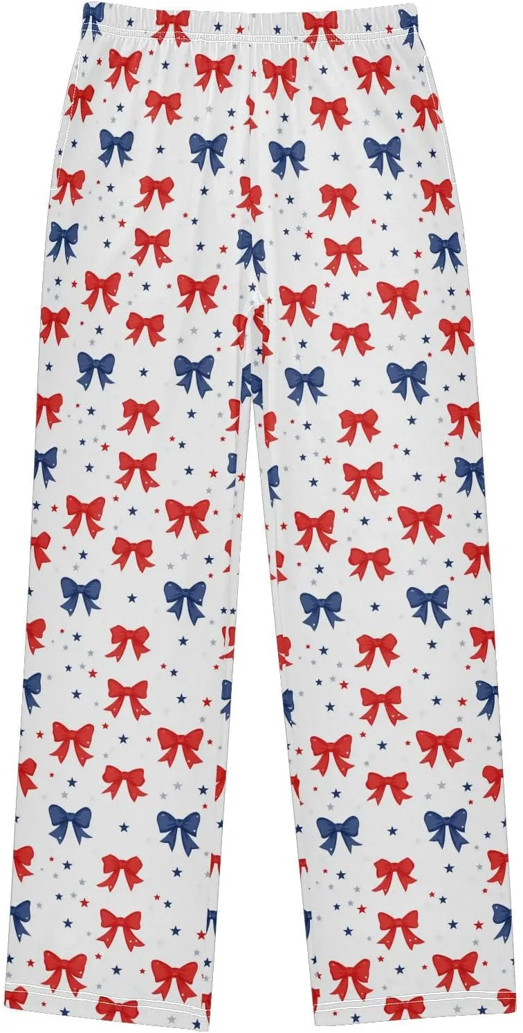 Pajama Bottoms, Blue Red Bows Pajamas Pant Sleep Long Pants Lounge Wear Sleepwear Pjs